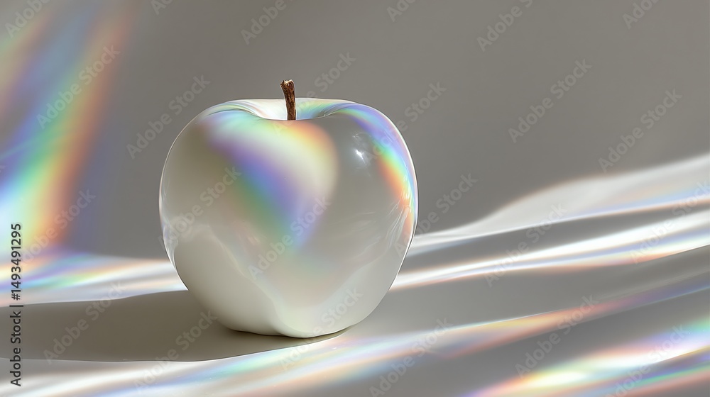 Obraz premium Soft rainbow lighting over matte surface with only one object: white ceramic apple, minimal elegance