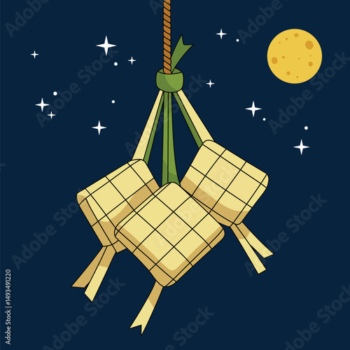 Hanging Ketupat Illustration with Moon and Stars in a Night Sky