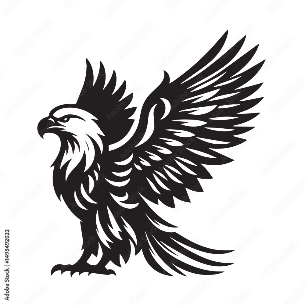 Obraz premium Black Color Eagle Silhouette Vector Illustration, Solid White Background. minimal vector design
