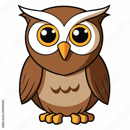 Brown owl cartoon standing innocently with big eyes looking straight ahead calmly and happily