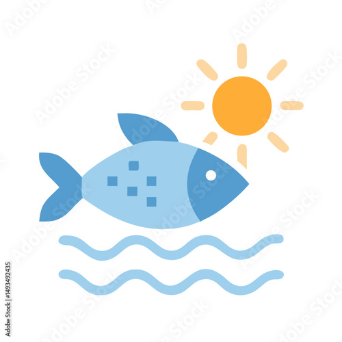 Stylized fish swimming in water under a sun