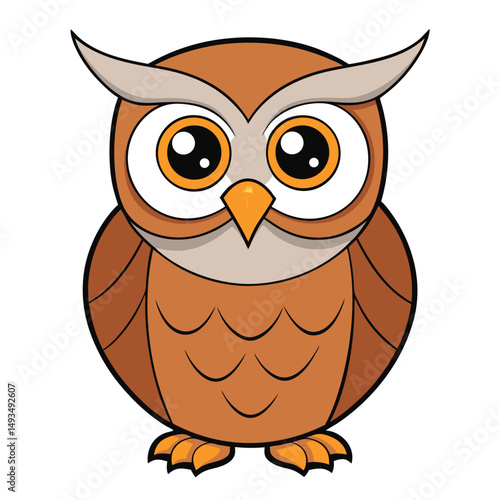 Cartoon owl with brown feathers and big orange eyes is gazing forward