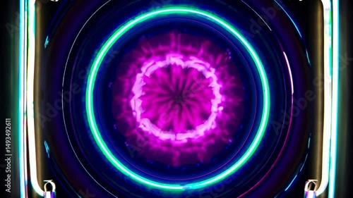 Glowing neon circle radiating electric energy, pulsing with vibrant purple-blue tones, generating hypnotic abstract visual dynamics