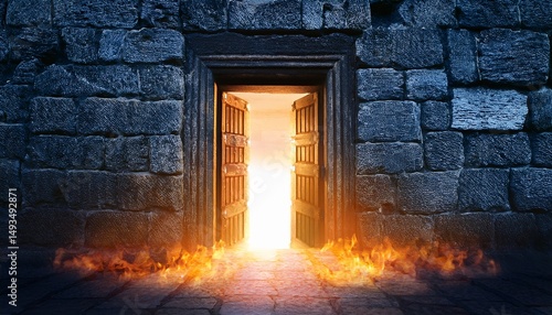 mysterious doorway emanating glowing fire in ancient stone chamber at twilight
