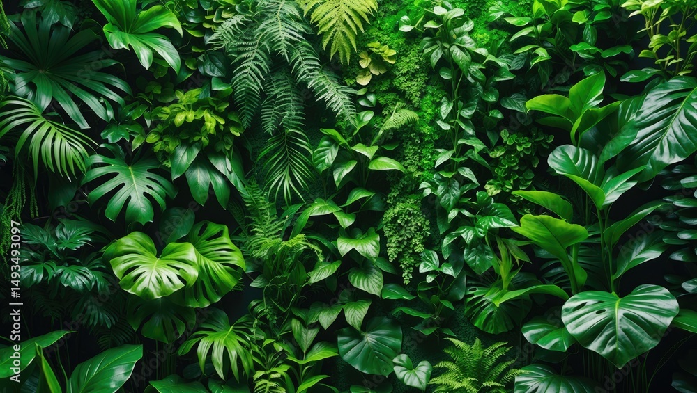 Fototapeta premium Detailed view of a green artificial plant wall panel backdrop