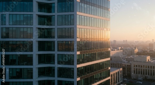 Modern building facade reflecting the warm glow of the sunset over a distant cityscape view.