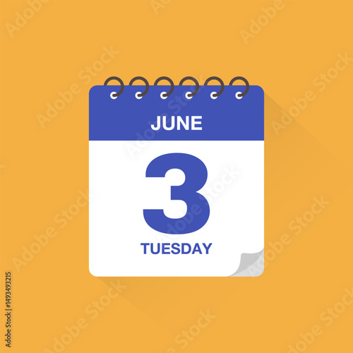 Day calendar with date June 3. Calendar icon vector. Event calendar reminder, business meeting schedule date sign, deadline template, appointment date symbol, page calendar agenda planner sign.