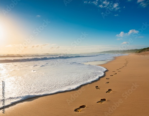 serene beach scene with footprints on sand and gentle waves lapping at the shore