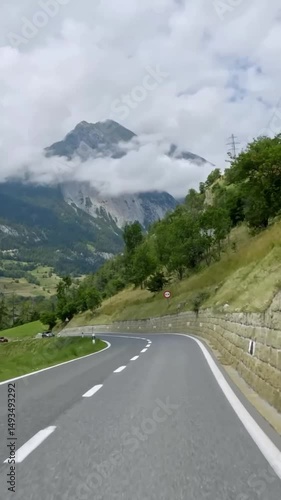 Vertical view of Switzerland road from car