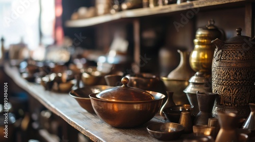 Traditional antique cookware on market shelf rich copper tones and nostalgic culinary heritage decor style photo