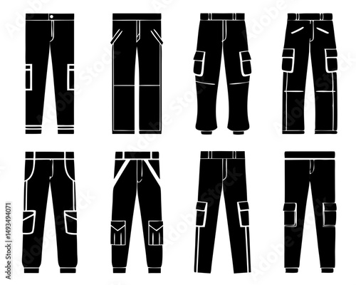 Black Utility Pants bundle. Vector Illustration of Black Cargo Pants – Streetwear Collection
