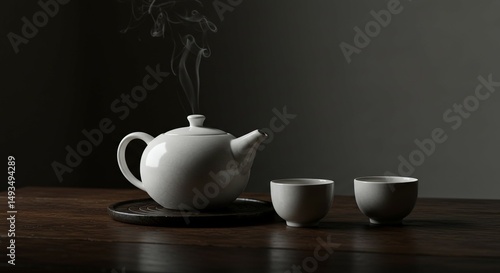 Serene still life featuring a white teapot with rising steam and two teacups on dark wood table.