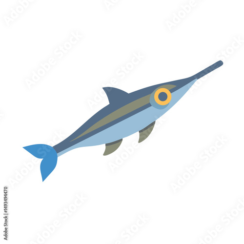 Stylized blue swordfish illustration on a black background