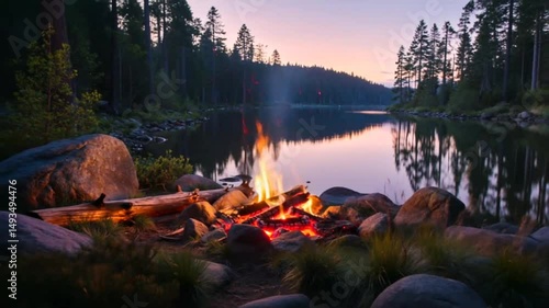 Experience the warmth of a campfire by the serene lake during twilight moments in nature