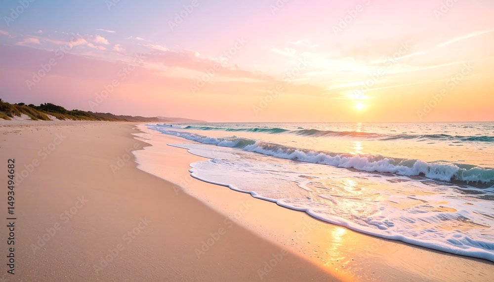 Obraz premium Serene Sunset Beach Pastel Sky, Gentle Waves, and Tranquil Sands