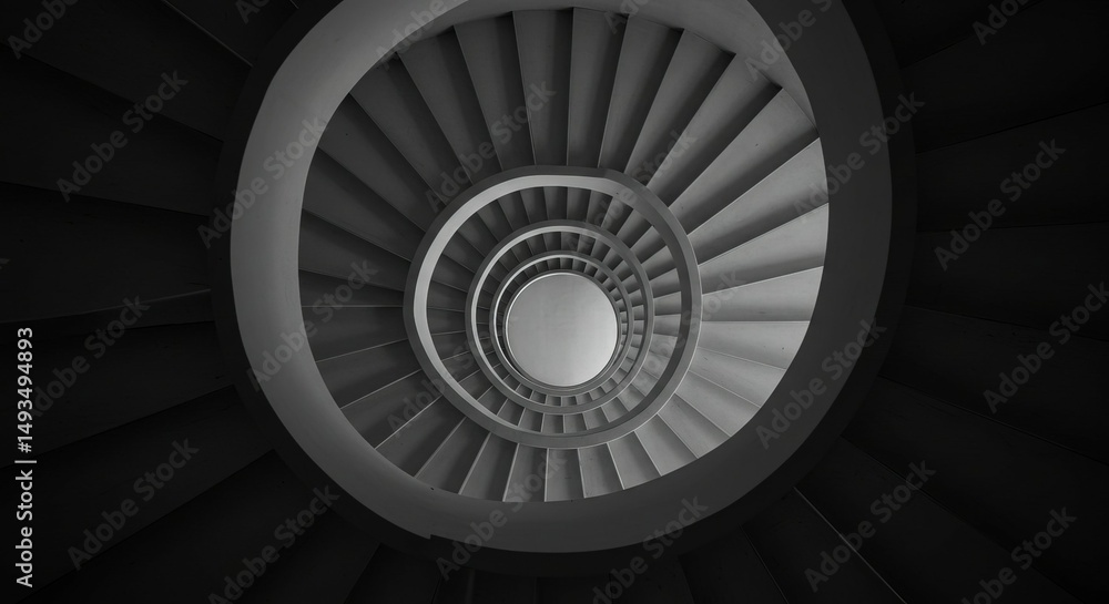 Fototapeta premium Striking monochrome image shows a spiral staircase from directly below, creating a hypnotic effect.
