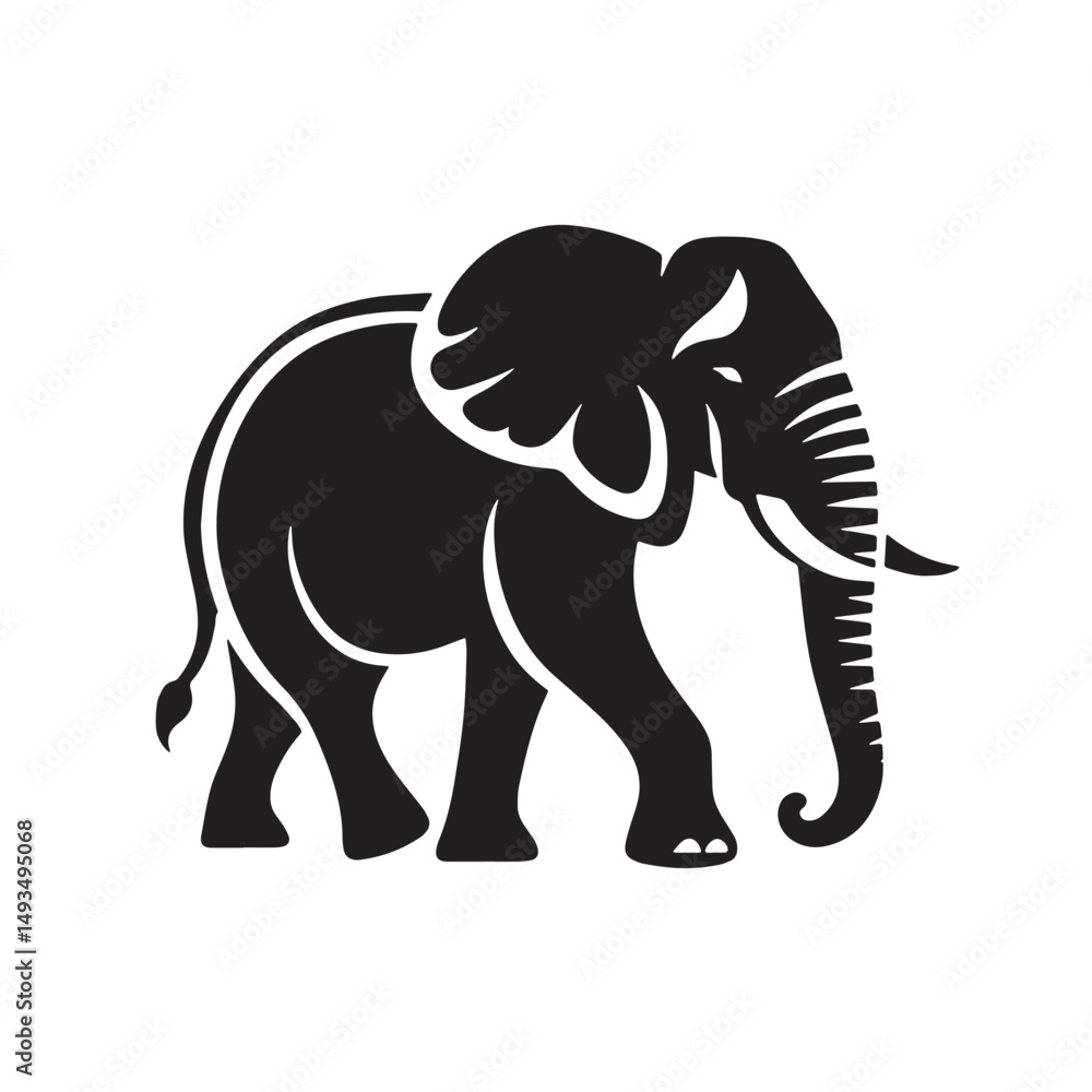 Obraz premium Black Color Elephant Silhouette Vector Illustration, Solid White Background. minimal vector design