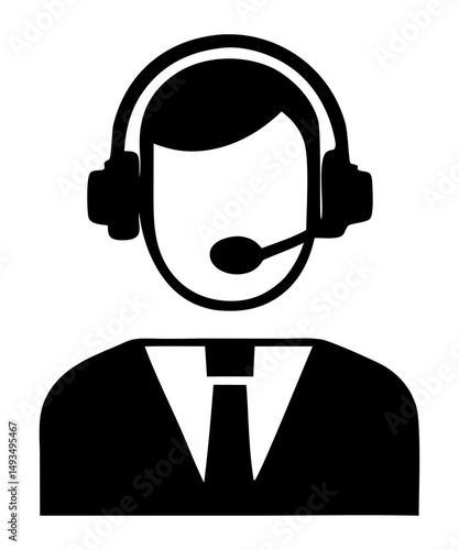 Customer support representative icon in black suit with headset and microphone, professional avatar symbol for call center or helpline services, vector illustration on white background. Icons, vector.