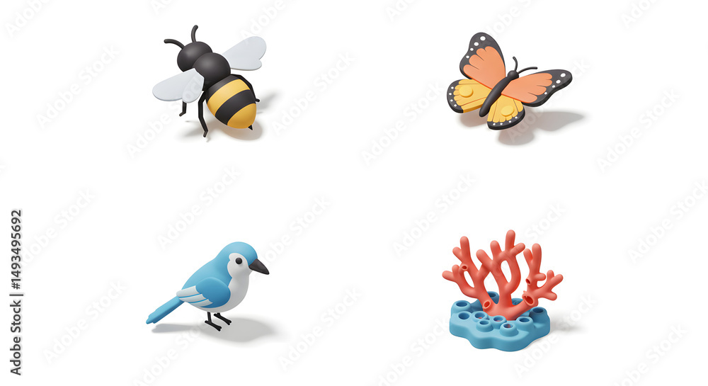 Fototapeta premium Clay Figures of Bee Butterfly Bird and Coral on White Background
