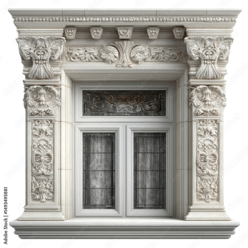 Obraz premium Ornate classical window with detailed decorative moldings and intricate carvings on an elegant historic building facade with a decorative l and elaborate cornice