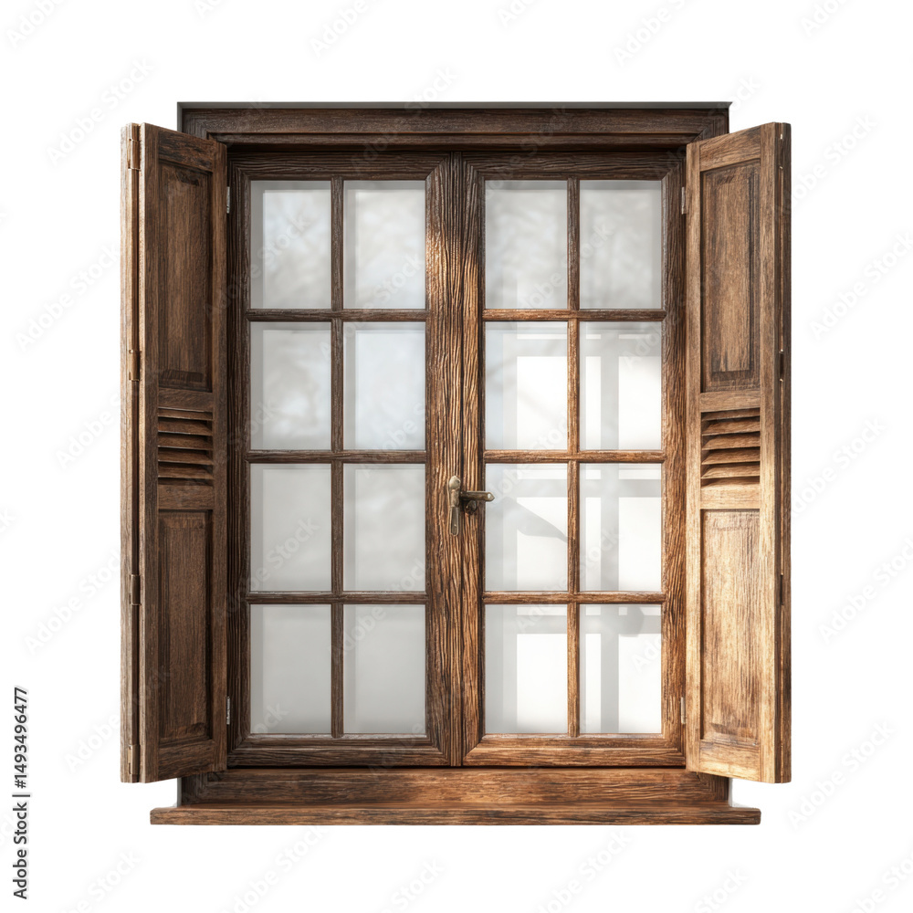 Traditional wooden double window with open shutters and multiple glass panes, classic window design for home or building architecture