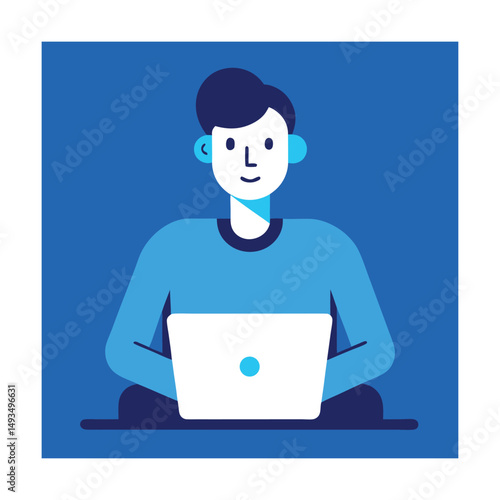 A young man working on a laptop computer against a deep blue background
