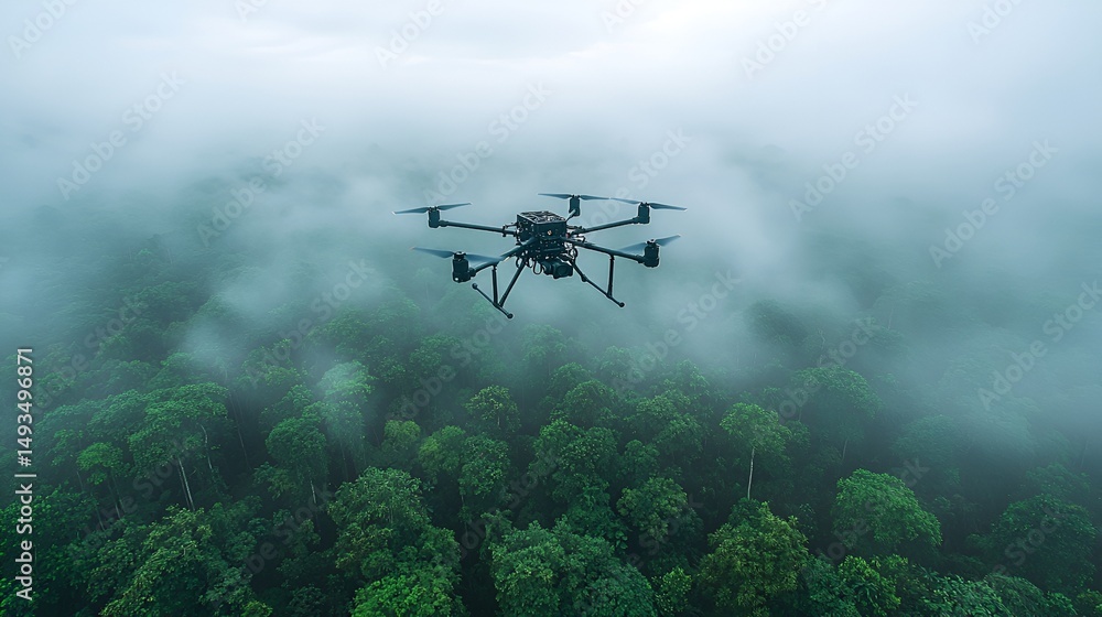 Fototapeta premium Drone flying above misty rainforest canopy.