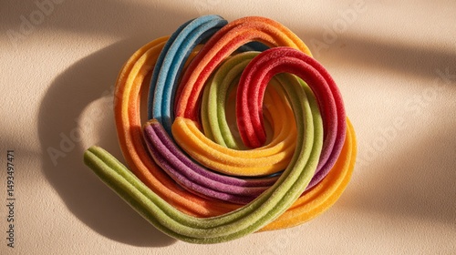 Wallpaper Mural Flat lay of rainbow-colored churros arranged in spiral, minimal backdrop and shadow play Torontodigital.ca