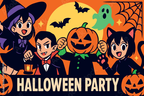 Colorful Halloween party banner featuring kids in cute costumes: witch, vampire, pumpkin head, cat girl. Perfect for party invitations, posters, websites, social media. Simple flat vector illustration