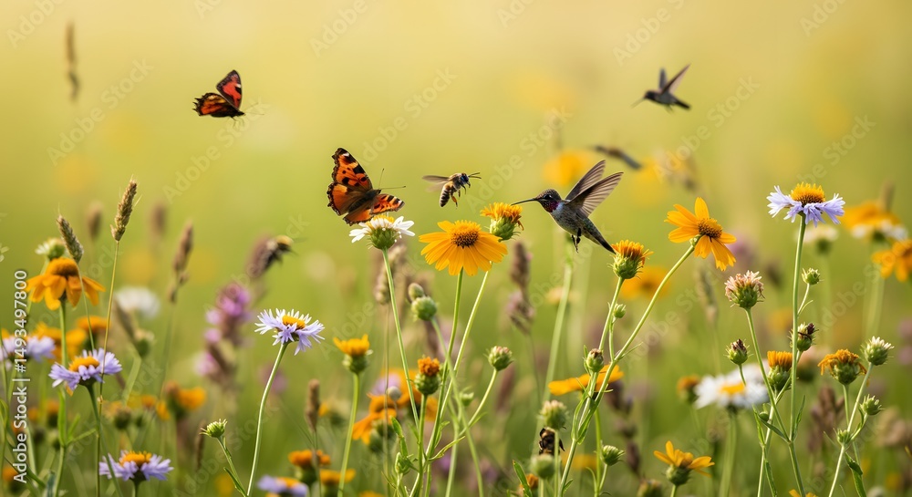 Butterfly and Hummingbird in Flower Field Butterfly and Hummingbird in Flower Field