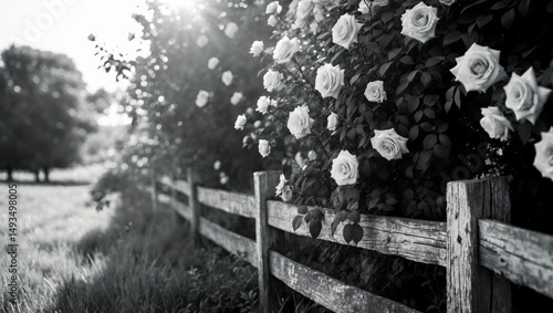 Fototapeta Naklejka Na Ścianę i Meble -  B&W picture of climbing roses against a weathered wooden fence. Lovely pastoral landscape with light filtering in.