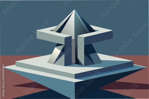 Vector illustration of an abstract geometric monument with sharp angles and a minimalist design against a clear blue background