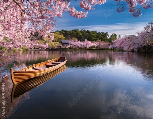 a peaceful lake scene featuring pink cherry blossoms overhanging calm waters with a wooden boat gently floating creating a dreamy atmosphere