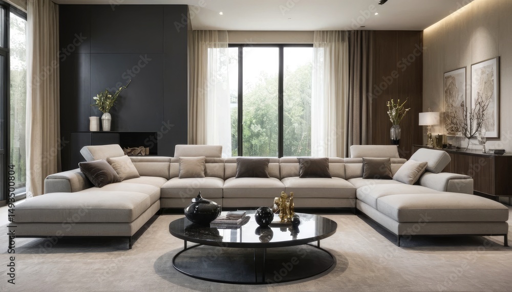 Fototapeta premium Modern Beige Sectional Sofa in Luxurious Living Room