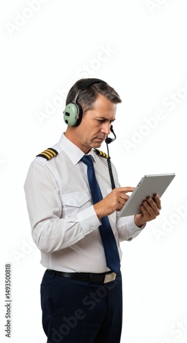 Pilot using tablet wearing headset in uniform checking flight plan aviation technology airline industry
