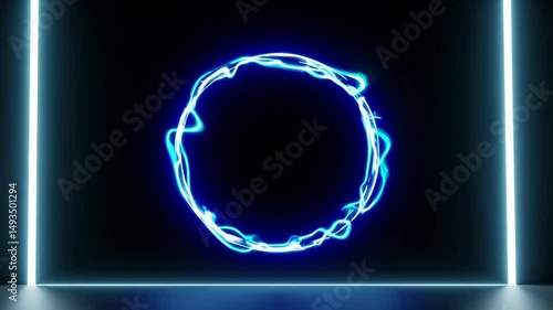 Electric blue light forming a circular shape, isolated on a black background with lateral neon lights