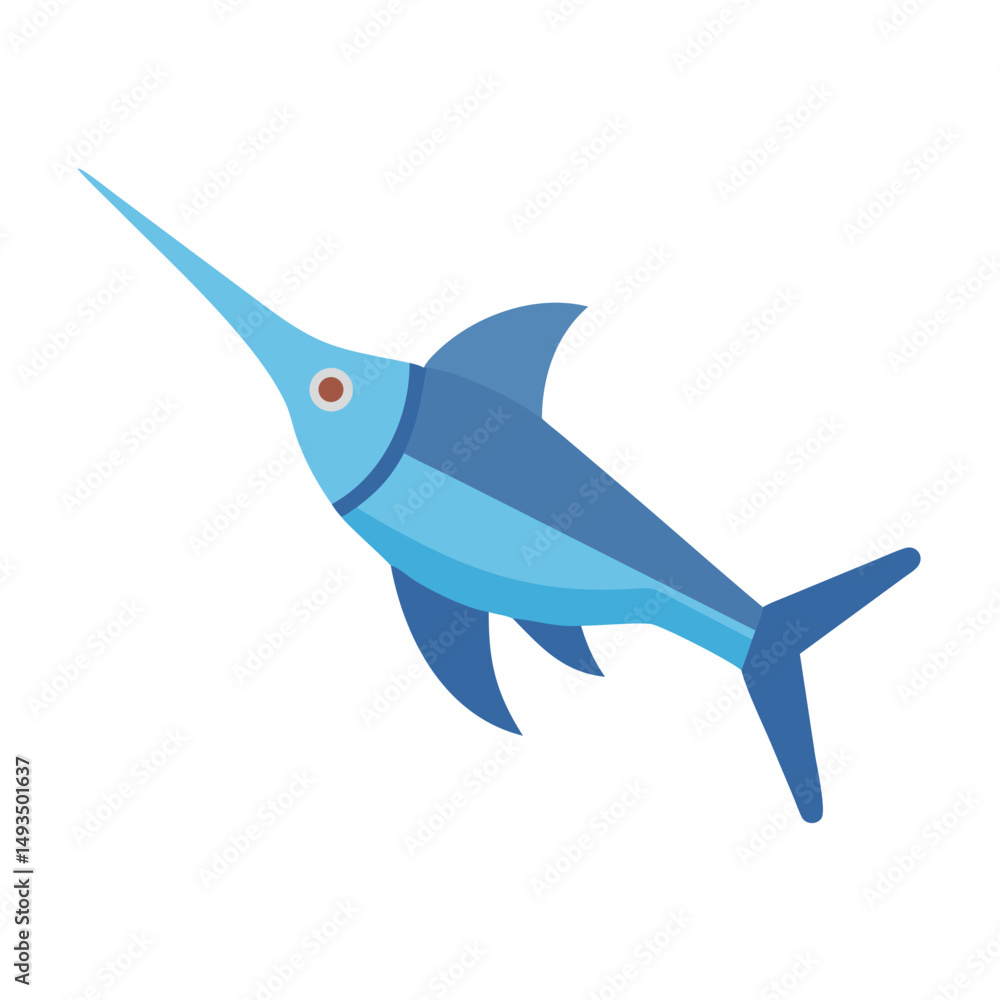 Fototapeta premium Stylized blue swordfish on black background in flat design