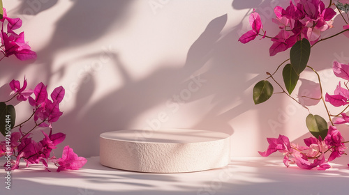 Bougainvillea leaves with shadows and empty product display podium, white background
