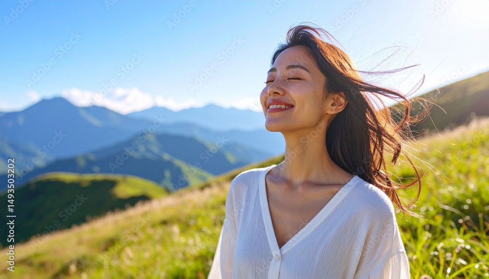 山を望む丘で微笑む女性,Smiling Japanese Woman on a Hill with Mountain View 山を望む丘で微笑む女性,Smiling Japanese Woman on a Hill with Mountain View
