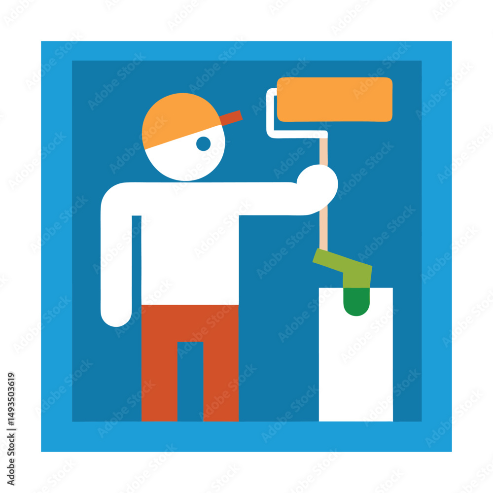 Stylized illustration of a painter using a roller painting a wall within a blue frame