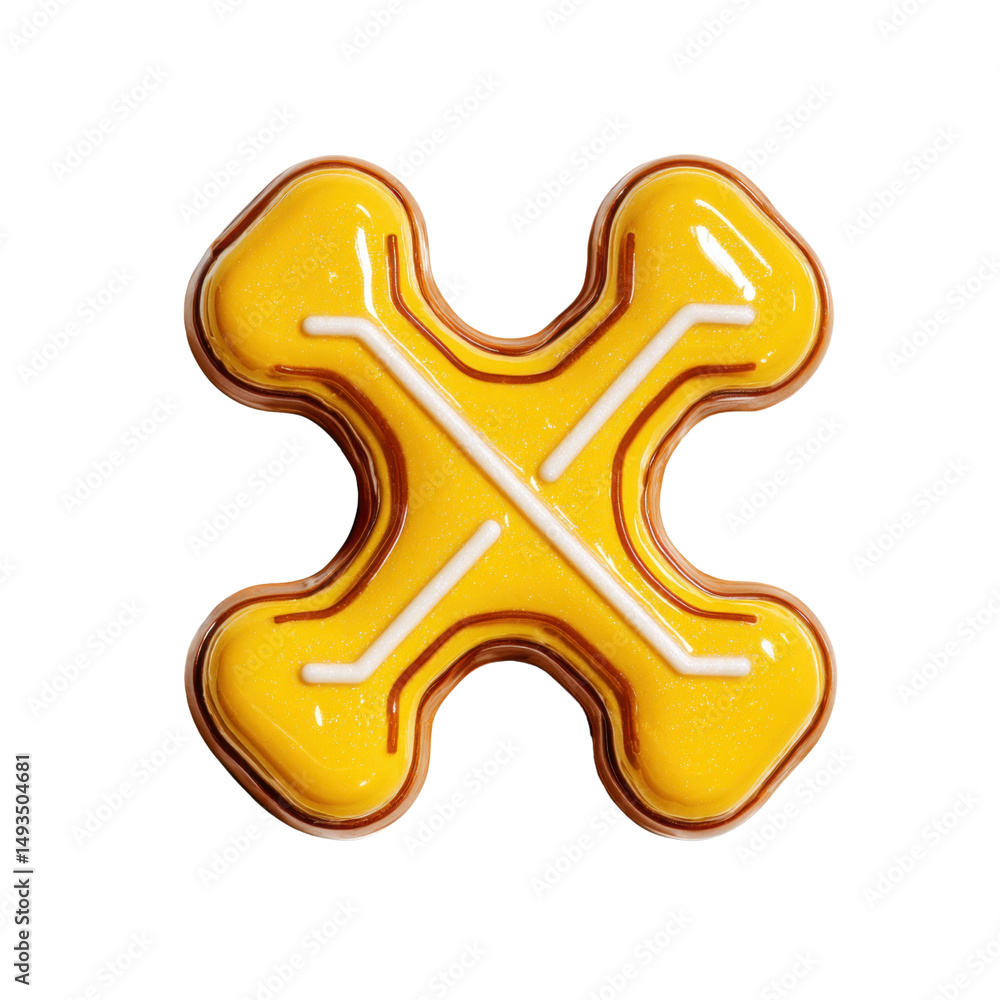 Obraz premium Bright yellow bone-shaped dog treat with white decorative lines and glossy finish, suitable for pets, snacks, training, and health nutrition, copy space