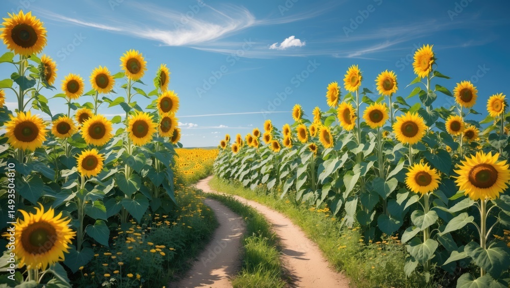 Fototapeta premium Trek across a sunflower field