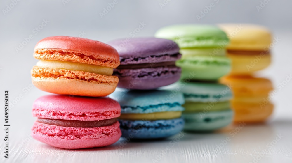 Stacked rainbow macarons on glossy white surface, isolated background Stacked rainbow macarons on glossy white surface, isolated background