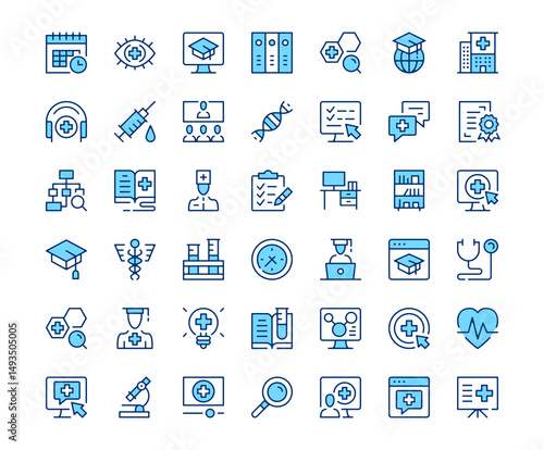 Medical education icons. Vector line icon set. Modern outline design. Blue concept