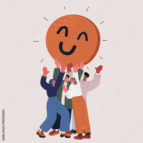 Cartoon vector illustration of people holding a big smiley face