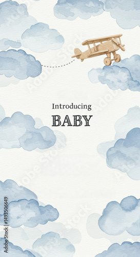 Wood toy airplane flying through clouds introducing baby announcement, Concept of Instagram Stories — Newborn, Baby Shower, Announcement    