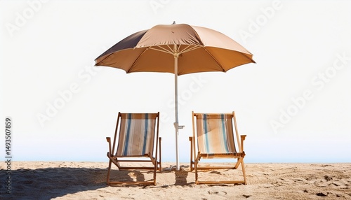 front view of two beach chairs and umbrella isolated background