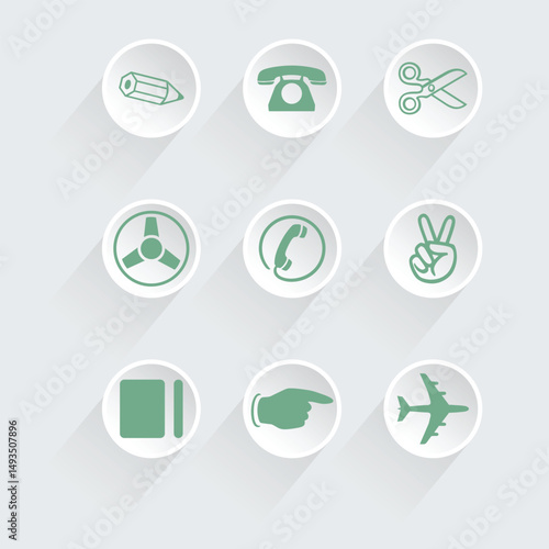Web icons vector set with flat design includes computer, internet, business, and website symbols in various shapes like circle and glossy buttons, illustrated with arrow and music signs