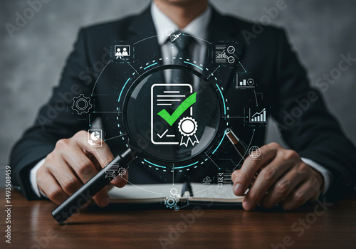 The image depicts quality assurance with a green checkmark in a magnifying glass held over a document by a person in a suit, amidst relevant icons.