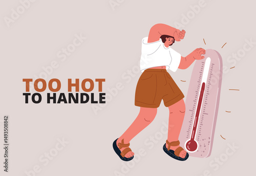 Vector illustration of a woman in shorts sweating and holding a thermometer, heat and fever concept